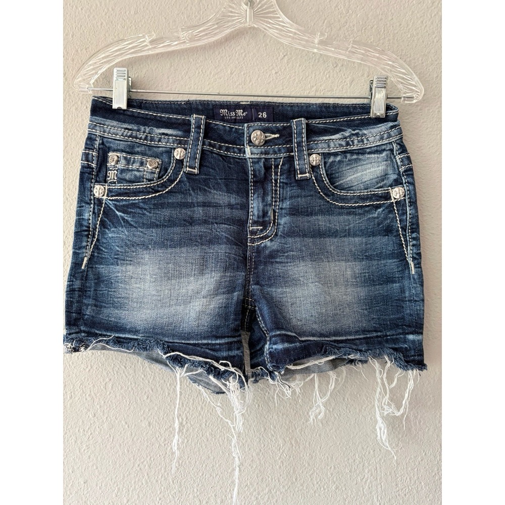 Miss Me Mid-Rise Floral Longhorn Sequin Cut Off Shorts Denim Blue Size 26